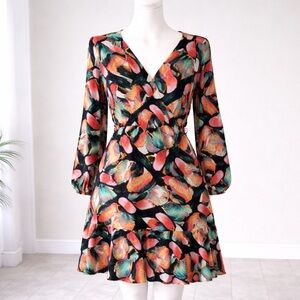 Farm Rio Toucan Print V-Neck Knee-Length Dress Long Sleeve Size S